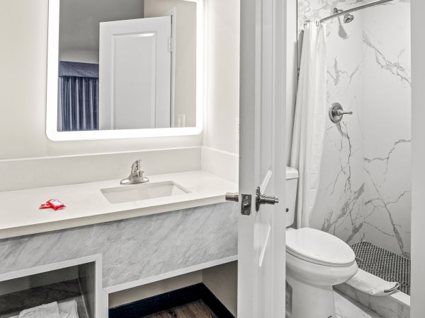 A bathroom with a sink, illuminated mirror, and marble shower. A toilet is next to the shower and a closed door is visible.