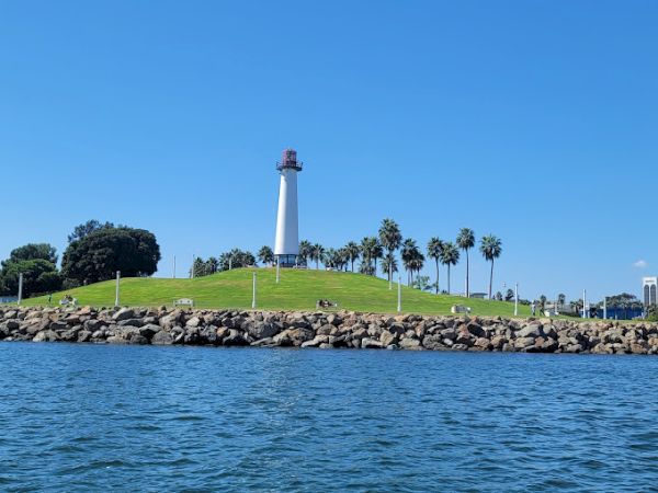 A lighthouse stands on a grassy hill with palm trees nearby, bordered by rocks and water under a clear blue sky.