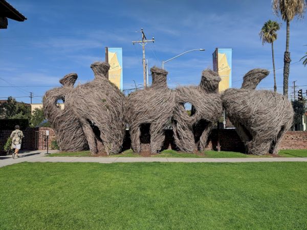 The image shows a large outdoor sculpture made of woven branches, resembling abstract, organic shapes on a grassy area with palm trees nearby.